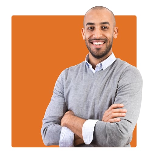 man smiling over orange background square