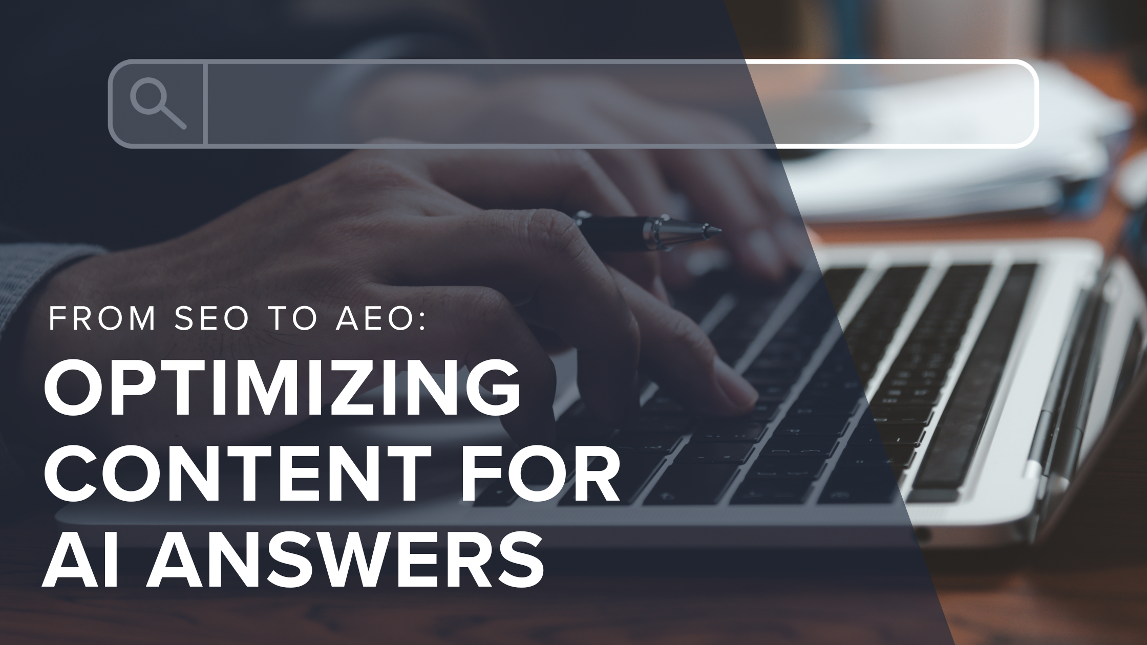 Person using a laptop to search online with a digital search bar overlay, symbolizing the shift from SEO to AEO and optimizing content for answer engines like ChatGPT and Gemini.